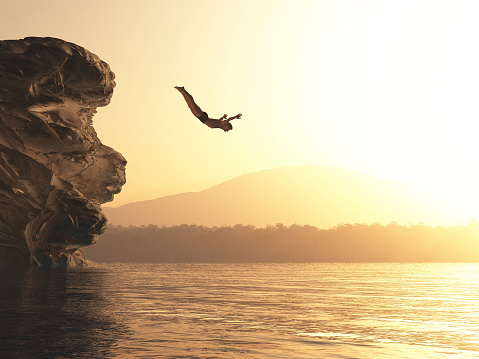The young man jumps into a lake. This is a 3d render illustration