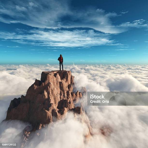Wanderermann An Der Spitze Des Berges Dies Ist Ein 3d Renderdarstellung Stockfoto und mehr Bilder von Berggipfel