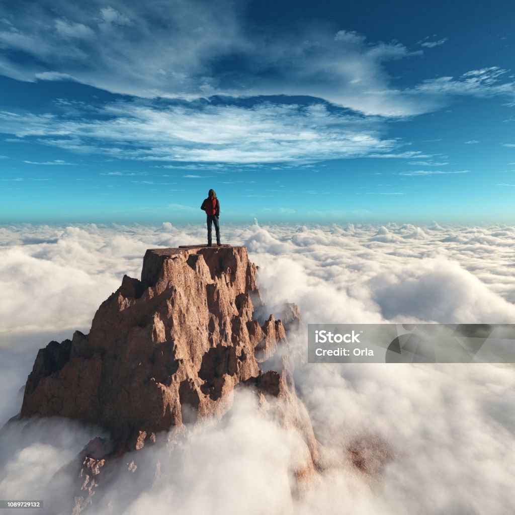 Hiker man at the top of the mountain.This is a 3d render illustration Mountain Peak Stock Photo