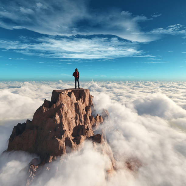 hiker man at the top of the mountain.this is a 3d render illustration - summit imagens e fotografias de stock