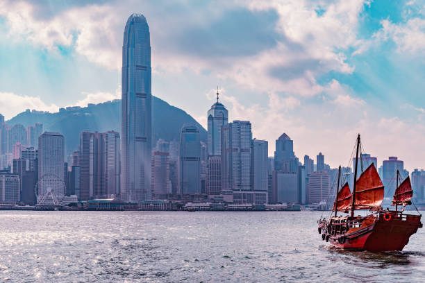 istock Retro small ship in Hong Kong harbour. 1089730350