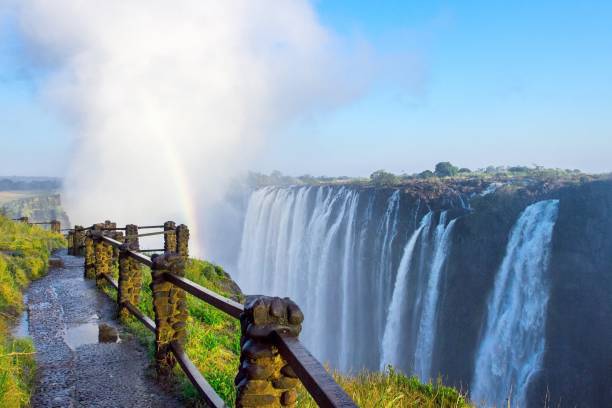 view of Victoria Falls at Zambia side view of Victoria Falls at Zambia side, one of most iconic African natural landmarks landscape fog africa beauty in nature stock pictures, royalty-free photos & images