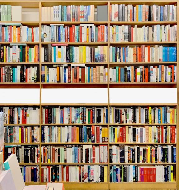 istock Wooden brown books shelves, jam-packed 1089731662