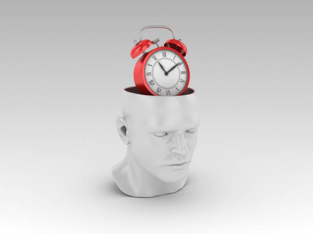 ludzka głowa z zegarem - renderowanie 3d - clock wall clock face clock hand zdjęcia i obrazy z banku zdjęć