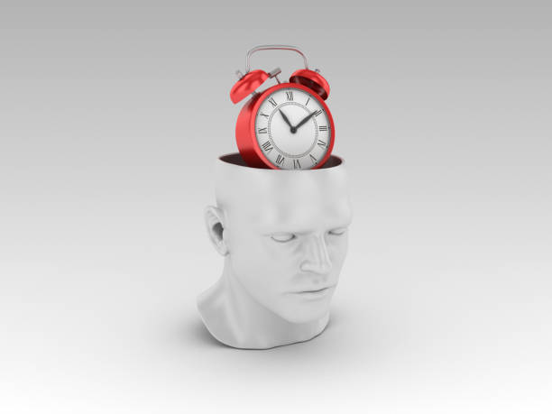 cabeça humana com relógio - renderização em 3d - clock wall clock face clock hand - fotografias e filmes do acervo