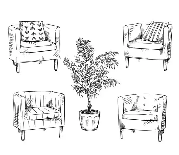 Vector illustration of Furniture. Armchairs and flowerpot vector ilustration
