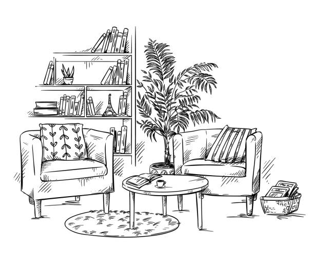 ruang tamu. dua kursi berlengan dengan teble kopi dan ilustrasi vektor rak buku - carpet decor ilustrasi stok