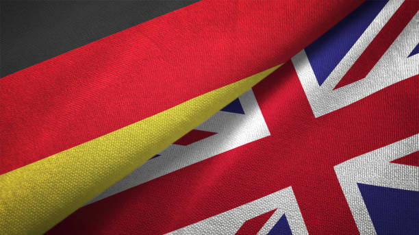 United Kingdom and Germany two flags together realations textile cloth fabric texture United Kingdom and Germany flag together realtions textile cloth fabric texture german flag photos stock pictures, royalty-free photos & images