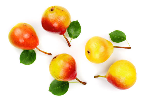 istock ripe red yellow pear fruits with leaf isolated on white background. Top view. Flat lay pattern 1089744486