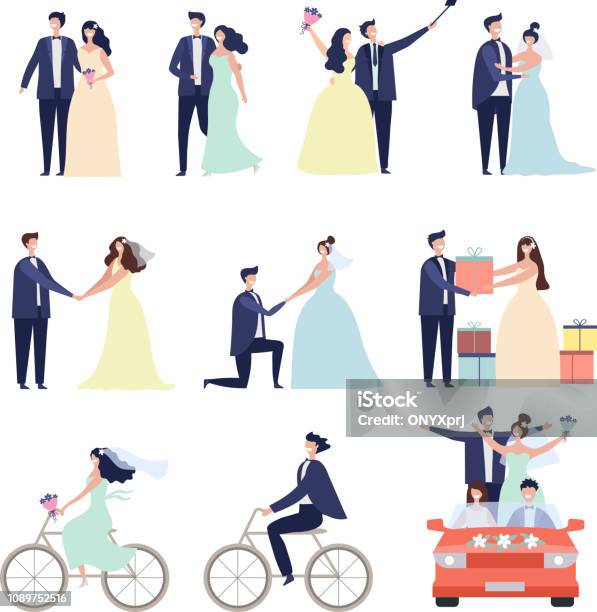 Wedding Ceremonial Bundle Marriage Love Couples Happy Characters Bride Preparation Celebration Vector Characters Male Female Stock Illustration - Download Image Now