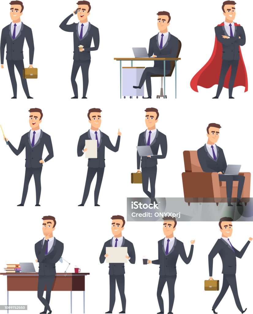 Poses business characters. Professionals male managers working sitting holding business items peoples action pose vector pictures Poses business characters. Professionals male managers working sitting holding business items peoples action pose vector pictures. Illustration of businessman professional, person male business Characters stock vector