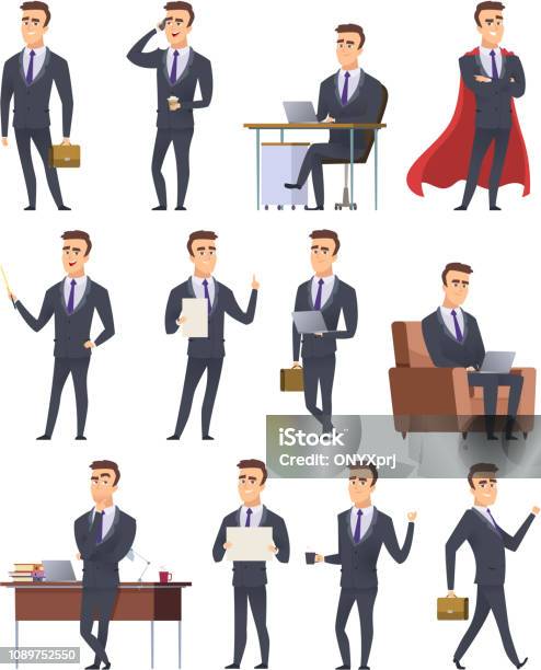 Poses Business Characters Professionals Male Managers Working Sitting Holding Business Items Peoples Action Pose Vector Pictures Stock Illustration - Download Image Now