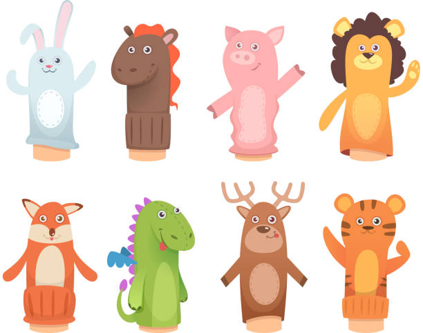 Cartoon puppets. Dolls from socks on hands and fingers puppet toys for kids vector funny characters Cartoon puppets. Dolls from socks on hands and fingers puppet toys for kids vector funny characters. Illustration of lion and dinosaur, fox and tiger puppet toys puppet stock illustrations