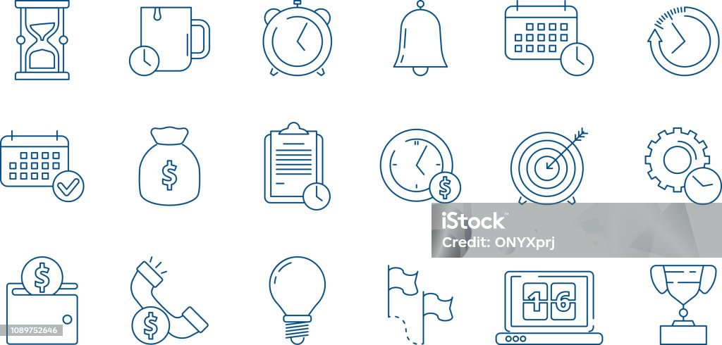 Management icon. Time save planning completed work productivity reminder checklist services vector linear business symbols Management icon. Time save planning completed work productivity reminder checklist services vector linear business symbols. Illustration of time management, calendar and clock Rescue stock vector
