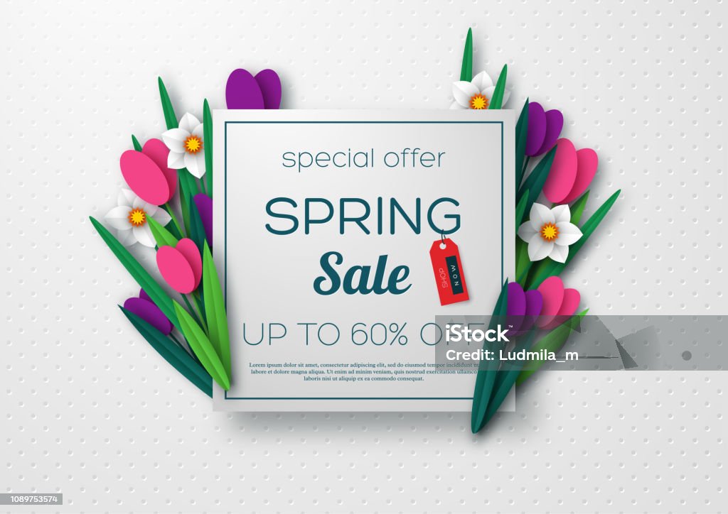 Spring sale banner with paper cut flowers. Spring sale banner with paper cut tulips and narcissus. Template for banners, flyers, posters, brochures, voucher discount. Vector illustration. Springtime stock vector