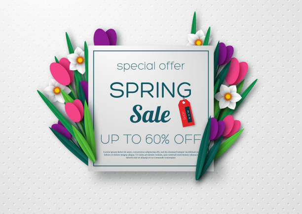 Spring sale banner with paper cut flowers. Spring sale banner with paper cut tulips and narcissus. Template for banners, flyers, posters, brochures, voucher discount. Vector illustration. spring banner stock illustrations