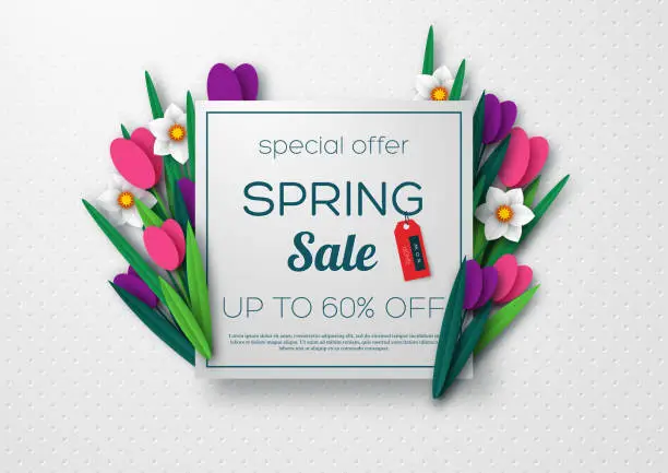 Vector illustration of Spring sale banner with paper cut flowers.