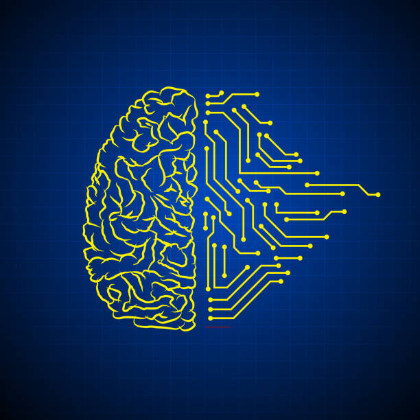 Vector : Brain and electronic circuit on blue background vector art illustration