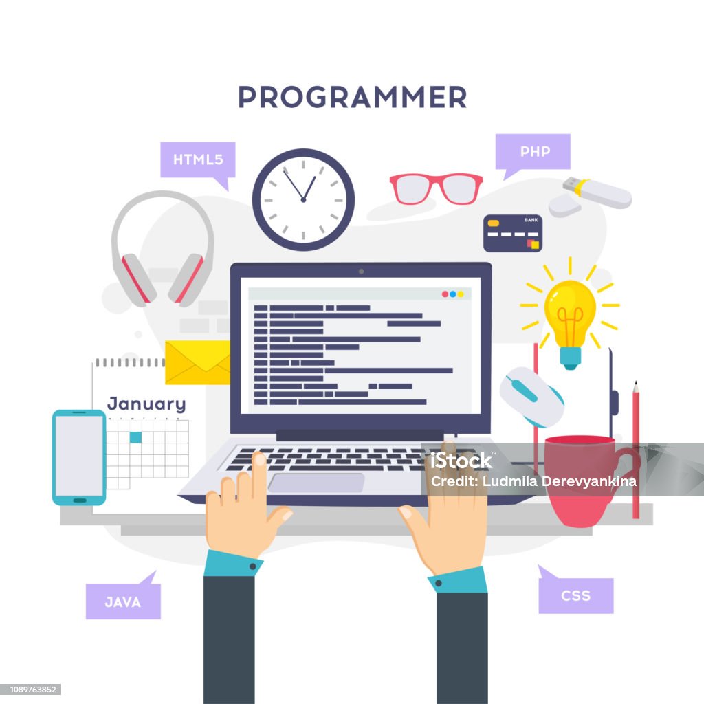 Workplace Of Programmer Or Coder Vector Illustration Programmer Coding ...