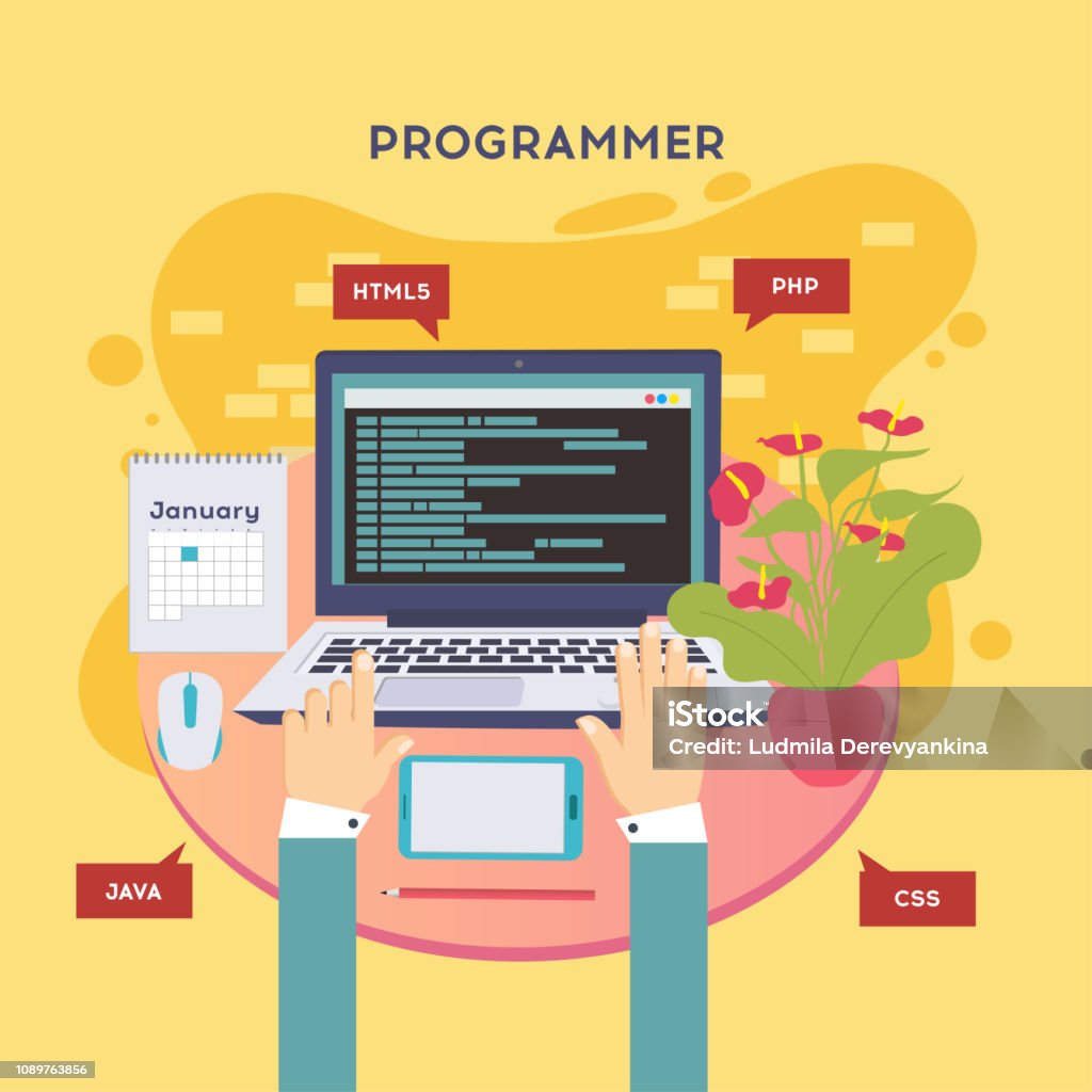 Workplace Of Programmer Or Coder Vector Illustration Programmer Coding ...