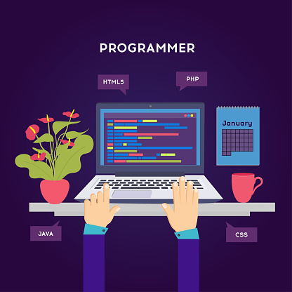 Workplace Of Programmer Or Coder Vector Illustration Programmer Coding ...