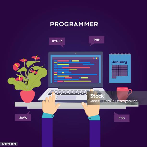 Workplace Of Programmer Or Coder Vector Illustration Programmer Coding ...