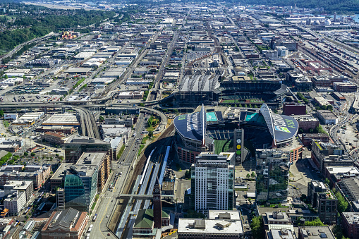 Aerial view of the CenturyLink Field and the Safeco Field, the main stadiums of Seattle.