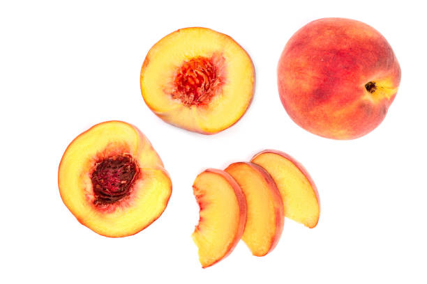 istock ripe peaches isolated on white background. Top view. Flat lay pattern 1089768796