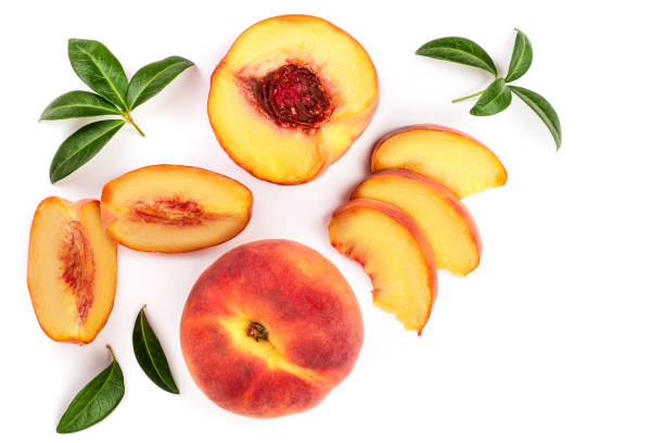 istock ripe peaches with leaves isolated on white background with copy space for your text. Top view. Flat lay pattern 1089768806