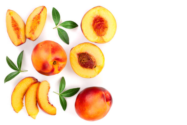 istock ripe nectarine with leaves isolated on white background with copy space for your text. Top view. Flat lay pattern 1089768848