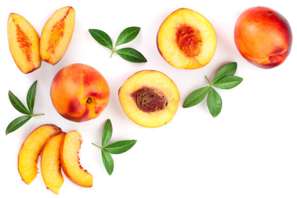 istock ripe nectarine with leaves isolated on white background with copy space for your text. Top view. Flat lay pattern 1089768884