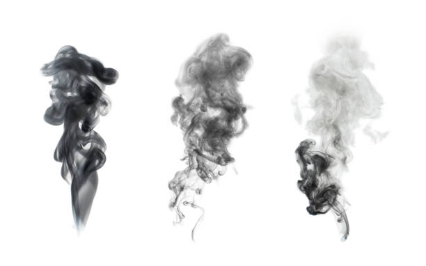 白で隔離黒い煙しみ - smoke condensation fumes isolated ストックフォトと画像