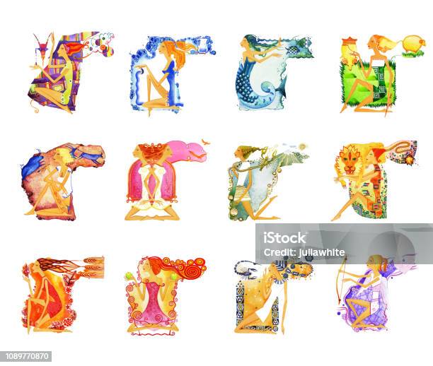 A Set Of Twelve Images Of Barefoot Women In Situations Of Astrological Signs Symbol Of The Astrological Sign Stock Illustration - Download Image Now