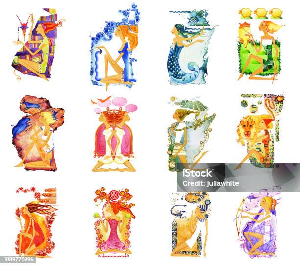 A Set Of Twelve Images Of Barefoot Women In Situations Of Astrological Signs Symbol Of The Astrological Sign Stock Illustration - Download Image Now