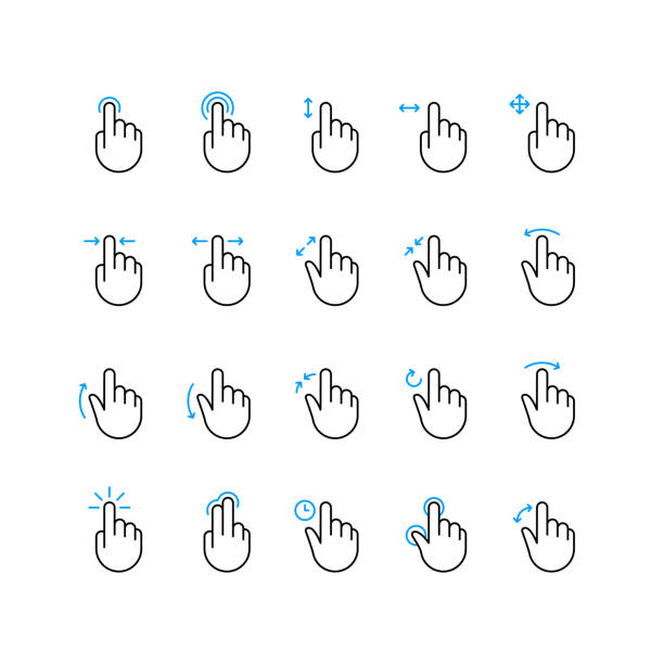 ilustrações de stock, clip art, desenhos animados e ícones de hand screen gesture touch sensor outline icons - pushing push button human hand human finger
