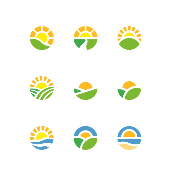 illustrazioni stock, clip art, cartoni animati e icone di tendenza di logotipi del paesaggio del cerchio del sole - agricoltura illustrazioni