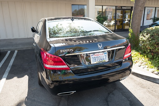 Dublin, California, United States - October 11, 2018:  Rear view of Hyundai Equus, a luxury automobile produce by Hyundai to compete with brands including Mercedes Benz and BMW, parked in Dublin, California, October 11, 2018