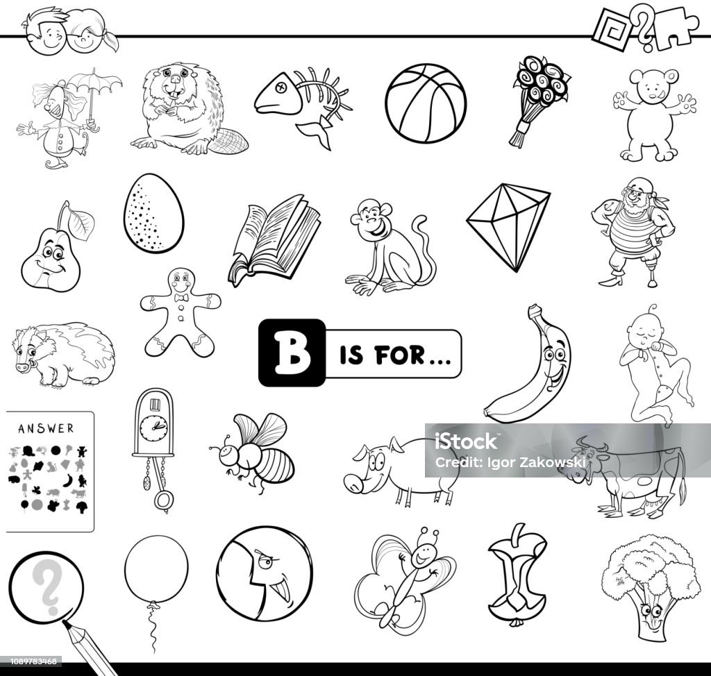 B is for educational game coloring book Black and White Cartoon Illustration of Finding Picture Starting with Letter B Educational Game Workbook for Children Coloring Book Alphabet stock vector