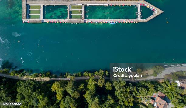Aerial Image Of The Public Swimming Pool In The Nature Water On The Rhine River Stock Photo - Download Image Now