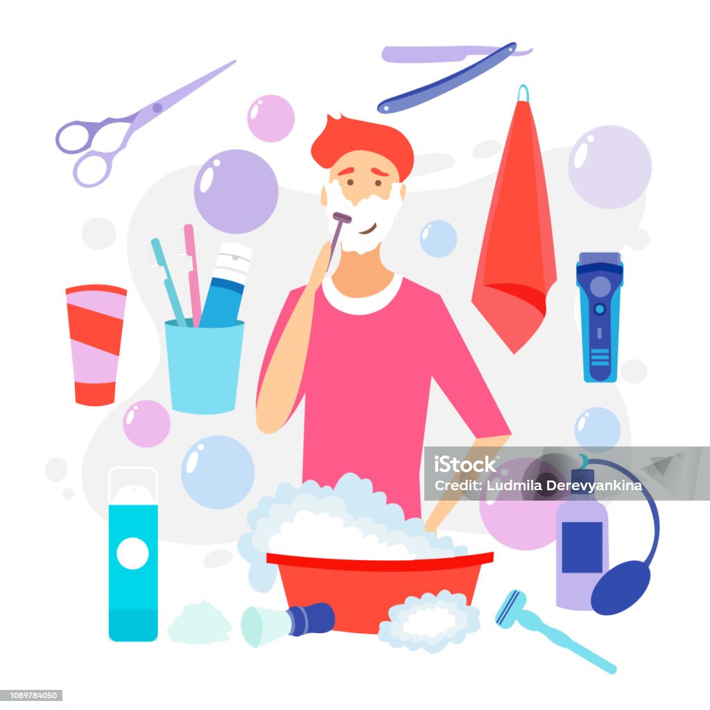 Man Shaving Face with Foam. Skin Care. Vector cartoon illustration. Shaving effect. Man Shaving Face with Foam. Skin Care. Vector cartoon illustration. Man with shaving cream on his face and razor in hand. Young man prepping face for daily shaving. Shaving effect. Razor stock vector