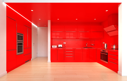 modern red color kitchen interior. 3d rendering design concept