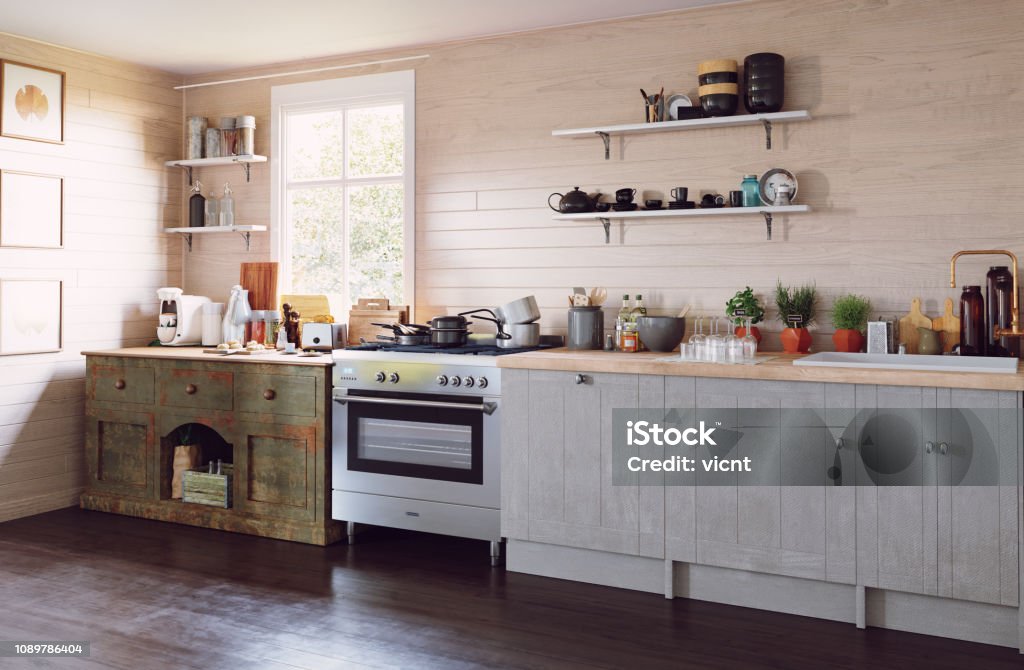 modern country style kitchen modern country style kitchen interior. 3d design concept illustration Cottage Stock Photo