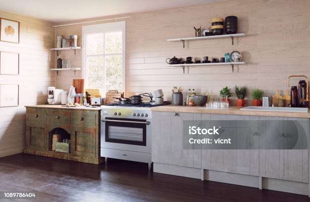 Modern Country Style Kitchen Stock Photo - Download Image Now - Cottage, Indoors, Kitchen