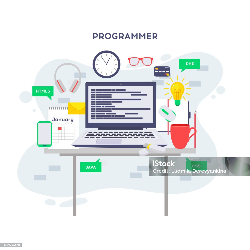 Workplace Of Programmer Or Coder Vector Illustration Programmer Coding ...