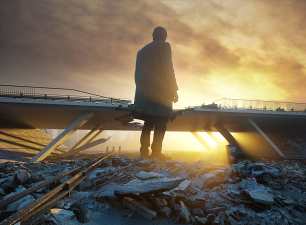 the Giant man in the destroyed city. 3d creative concept