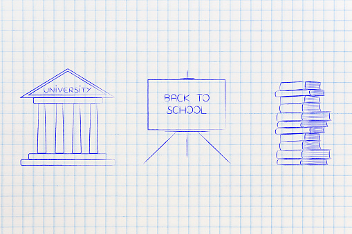 education and back to school conceptual illustration: university entrance next to whiteboard and pile of books