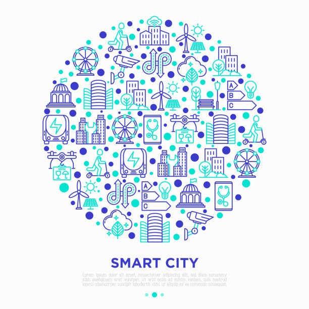 концепция «умного города» по кругу с тонкой линией иконок: зеленая энергия, интеллектуальный урбанизм, эффективная мобильность, нулевая эм - urbanity stock illustrations