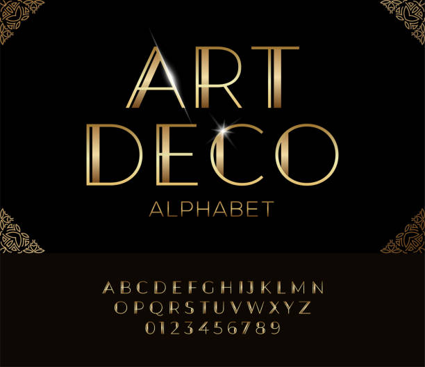 элегантный золотой шрифт и алфавит в стиле ар-деко. - image created 1920s stock illustrations