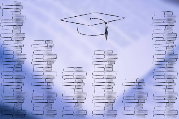 education and studies conceptual illustration: piles of books with graduation hat above them