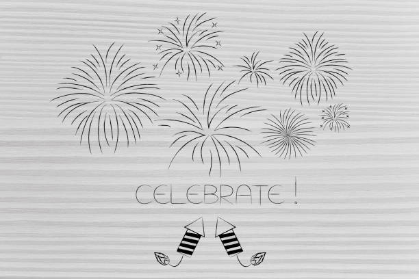 celebrations and big events: rockets with group of fireworks and caption